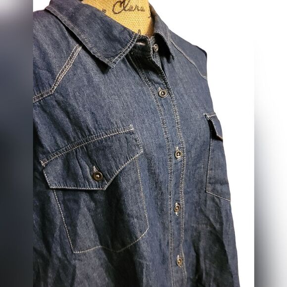 New Justify Women's 2X Denim Shirt Blue Long Slv Button Up Aztec Print Blouse - Picture 5 of 6